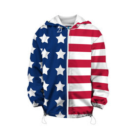 Детская куртка 3D с принтом USA Flag в Петрозаводске, 100% полиэстер | застежка — молния, подол и капюшон оформлены резинкой с фиксаторами, по бокам — два кармана без застежек, один потайной карман на груди, плотность верхнего слоя — 90 г/м2; плотность флисового подклада — 260 г/м2 | star | usa | америка | белый | звезды | красный | линии | полосы | популярные | синий | сша | триколор | туристические | флаг | цвет | штаты