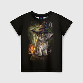 Детская футболка 3D с принтом Ведьмин котенок в Петрозаводске, 100% гипоаллергенный полиэфир | прямой крой, круглый вырез горловины, длина до линии бедер, чуть спущенное плечо, ткань немного тянется | jack | ведьма | кот | котенок | кошка | тыква | хэллоуин