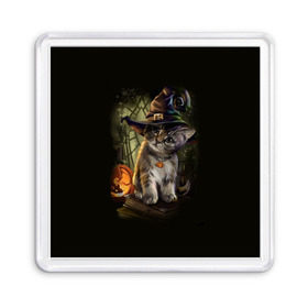 Магнит 55*55 с принтом Ведьмин котенок в Петрозаводске, Пластик | Размер: 65*65 мм; Размер печати: 55*55 мм | jack | ведьма | кот | котенок | кошка | тыква | хэллоуин