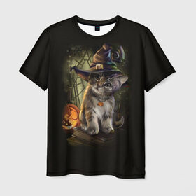 Мужская футболка 3D с принтом Ведьмин котенок в Петрозаводске, 100% полиэфир | прямой крой, круглый вырез горловины, длина до линии бедер | jack | ведьма | кот | котенок | кошка | тыква | хэллоуин