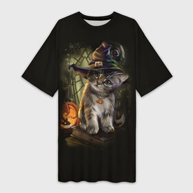 Платье-футболка 3D с принтом Ведьмин котенок в Петрозаводске,  |  | jack | ведьма | кот | котенок | кошка | тыква | хэллоуин