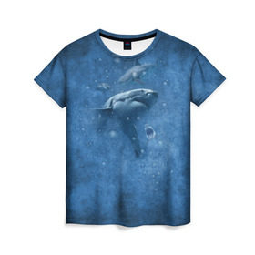 Женская футболка 3D с принтом Shark в Петрозаводске, 100% полиэфир ( синтетическое хлопкоподобное полотно) | прямой крой, круглый вырез горловины, длина до линии бедер | fish | ocean | акула | вода | животные | море | океан | рыба | челюсти