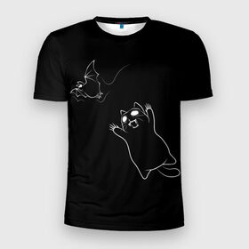 Мужская футболка 3D спортивная с принтом Cat Monster в Петрозаводске, 100% полиэстер с улучшенными характеристиками | приталенный силуэт, круглая горловина, широкие плечи, сужается к линии бедра | Тематика изображения на принте: cat | halloween | арт | животные | кот | котик | кошки | монстр | мышь | праздник | хэллоуин | черно белый