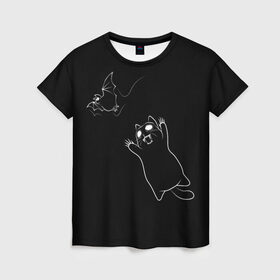 Женская футболка 3D с принтом Cat Monster в Петрозаводске, 100% полиэфир ( синтетическое хлопкоподобное полотно) | прямой крой, круглый вырез горловины, длина до линии бедер | cat | halloween | арт | животные | кот | котик | кошки | монстр | мышь | праздник | хэллоуин | черно белый