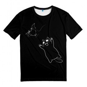 Мужская футболка 3D с принтом Cat Monster в Петрозаводске, 100% полиэфир | прямой крой, круглый вырез горловины, длина до линии бедер | Тематика изображения на принте: cat | halloween | арт | животные | кот | котик | кошки | монстр | мышь | праздник | хэллоуин | черно белый