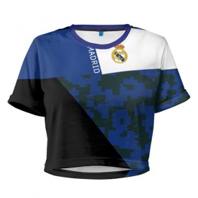 Женская футболка 3D укороченная с принтом Real Madrid 2018 Sport Version в Петрозаводске, 100% полиэстер | круглая горловина, длина футболки до линии талии, рукава с отворотами | emirates | fc | real madrid | клуб | мяч | реал мадрид