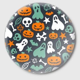 Значок с принтом Halloween в Петрозаводске,  металл | круглая форма, металлическая застежка в виде булавки | звёзды | кости | летучие мыши | листья | привидения | тыквы