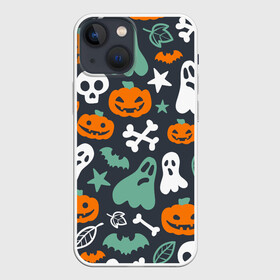 Чехол для iPhone 13 mini с принтом Halloween в Петрозаводске,  |  | звёзды | кости | летучие мыши | листья | привидения | тыквы