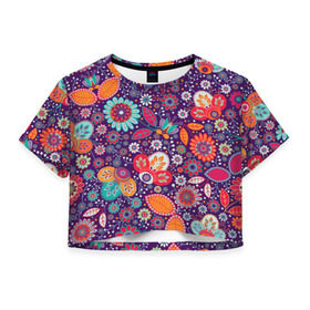 Женская футболка 3D укороченная с принтом Цветочный взрыв в Петрозаводске, 100% полиэстер | круглая горловина, длина футболки до линии талии, рукава с отворотами | vppdgryphon | арт | взрыв | краска | тропики | цветные | цветок | цветочный | цветы