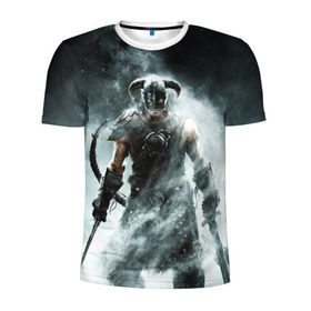 Мужская футболка 3D спортивная с принтом Skyrim в Петрозаводске, 100% полиэстер с улучшенными характеристиками | приталенный силуэт, круглая горловина, широкие плечи, сужается к линии бедра | elder scrolls | дракон | игра | свитки | скайрим
