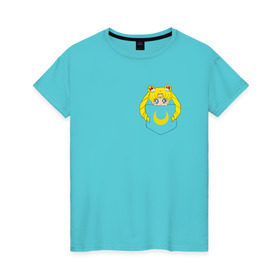 Женская футболка хлопок с принтом Луна в кармане в Петрозаводске, 100% хлопок | прямой крой, круглый вырез горловины, длина до линии бедер, слегка спущенное плечо | 