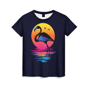 Женская футболка 3D с принтом Фламинго дитя заката в Петрозаводске, 100% полиэфир ( синтетическое хлопкоподобное полотно) | прямой крой, круглый вырез горловины, длина до линии бедер | закат | море | птица | ретро | стиль | фламинго