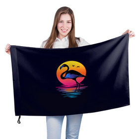 Флаг 3D с принтом Фламинго дитя заката в Петрозаводске, 100% полиэстер | плотность ткани — 95 г/м2, размер — 67 х 109 см. Принт наносится с одной стороны | закат | море | птица | ретро | стиль | фламинго