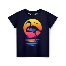 Детская футболка 3D с принтом Фламинго дитя заката в Петрозаводске, 100% гипоаллергенный полиэфир | прямой крой, круглый вырез горловины, длина до линии бедер, чуть спущенное плечо, ткань немного тянется | Тематика изображения на принте: закат | море | птица | ретро | стиль | фламинго