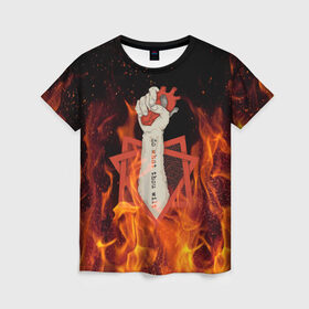Женская футболка 3D с принтом Hot Heart в Петрозаводске, 100% полиэфир ( синтетическое хлопкоподобное полотно) | прямой крой, круглый вырез горловины, длина до линии бедер | fire | heart | hot | satan | горячий | красный | культ | надписи | огниво | огонь | пекло | рок | рокнролл | рука | сатана | секта | сердце | сила | тату | черный | яркие