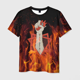 Мужская футболка 3D с принтом Hot Heart в Петрозаводске, 100% полиэфир | прямой крой, круглый вырез горловины, длина до линии бедер | fire | heart | hot | satan | горячий | красный | культ | надписи | огниво | огонь | пекло | рок | рокнролл | рука | сатана | секта | сердце | сила | тату | черный | яркие