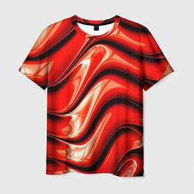Мужская футболка 3D с принтом Жидкие металл (красный) в Петрозаводске, 100% полиэфир | прямой крой, круглый вырез горловины, длина до линии бедер | абстракция | блеск | блики | краска | линии | металл | отражение | узоры