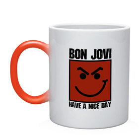 Кружка хамелеон с принтом Bon Jovi, have a nice day в Петрозаводске, керамика | меняет цвет при нагревании, емкость 330 мл | Тематика изображения на принте: bon jovi | бон | бон джови | глэм | группа | джови | джон | метал | рок | хард
