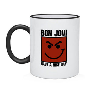 Кружка двухцветная с принтом Bon Jovi, have a nice day в Петрозаводске, керамика | объем — 330 мл, диаметр — 80 мм. Цветная ручка и кайма сверху, в некоторых цветах — вся внутренняя часть | Тематика изображения на принте: bon jovi | бон | бон джови | глэм | группа | джови | джон | метал | рок | хард