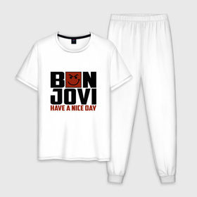 Мужская пижама хлопок с принтом Bon Jovi, have a nice day в Петрозаводске, 100% хлопок | брюки и футболка прямого кроя, без карманов, на брюках мягкая резинка на поясе и по низу штанин
 | Тематика изображения на принте: bon jovi | бон | бон джови | глэм | группа | джови | джон | метал | рок | хард