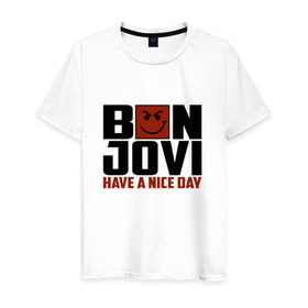 Мужская футболка хлопок с принтом Bon Jovi, have a nice day в Петрозаводске, 100% хлопок | прямой крой, круглый вырез горловины, длина до линии бедер, слегка спущенное плечо. | Тематика изображения на принте: bon jovi | бон | бон джови | глэм | группа | джови | джон | метал | рок | хард