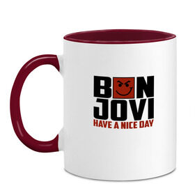 Кружка двухцветная с принтом Bon Jovi, have a nice day в Петрозаводске, керамика | объем — 330 мл, диаметр — 80 мм. Цветная ручка и кайма сверху, в некоторых цветах — вся внутренняя часть | bon jovi | бон | бон джови | глэм | группа | джови | джон | метал | рок | хард