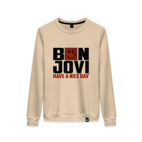 Женский свитшот хлопок с принтом Bon Jovi, have a nice day в Петрозаводске, 100% хлопок | прямой крой, круглый вырез, на манжетах и по низу широкая трикотажная резинка  | bon jovi | бон | бон джови | глэм | группа | джови | джон | метал | рок | хард