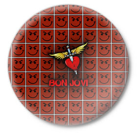 Значок с принтом Смайлы Bon Jovi в Петрозаводске,  металл | круглая форма, металлическая застежка в виде булавки | Тематика изображения на принте: bon jovi | бон | бон джови | глэм | группа | джови | джон | рок | хард
