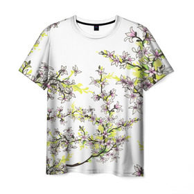 Мужская футболка 3D с принтом Сакура в Петрозаводске, 100% полиэфир | прямой крой, круглый вырез горловины, длина до линии бедер | арт | краска | прикольные | сакура | тропики | цветные | цветок | цветы | япония