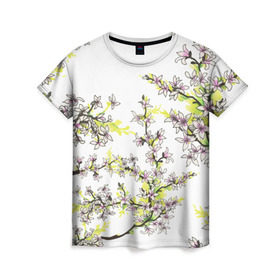 Женская футболка 3D с принтом Сакура в Петрозаводске, 100% полиэфир ( синтетическое хлопкоподобное полотно) | прямой крой, круглый вырез горловины, длина до линии бедер | арт | краска | прикольные | сакура | тропики | цветные | цветок | цветы | япония