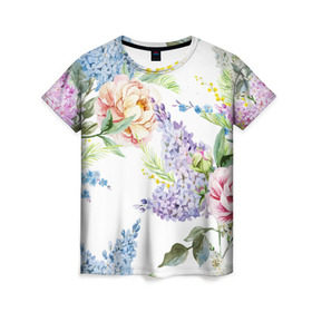 Женская футболка 3D с принтом Сирень и Пионы в Петрозаводске, 100% полиэфир ( синтетическое хлопкоподобное полотно) | прямой крой, круглый вырез горловины, длина до линии бедер | арт | краска | пион | пионы | прикольные | сирень | тропики | цветные | цветок | цветы