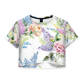 Женская футболка 3D укороченная с принтом Сирень и Пионы в Петрозаводске, 100% полиэстер | круглая горловина, длина футболки до линии талии, рукава с отворотами | арт | краска | пион | пионы | прикольные | сирень | тропики | цветные | цветок | цветы