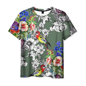 Мужская футболка 3D с принтом Райский остров в Петрозаводске, 100% полиэфир | прямой крой, круглый вырез горловины, длина до линии бедер | арт | краска | попугаи | попугай | прикольные | рай | тропики | цветные | цветок | цветы
