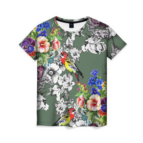 Женская футболка 3D с принтом Райский остров в Петрозаводске, 100% полиэфир ( синтетическое хлопкоподобное полотно) | прямой крой, круглый вырез горловины, длина до линии бедер | арт | краска | попугаи | попугай | прикольные | рай | тропики | цветные | цветок | цветы