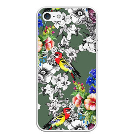 Чехол для iPhone 5/5S матовый с принтом Райский остров в Петрозаводске, Силикон | Область печати: задняя сторона чехла, без боковых панелей | арт | краска | попугаи | попугай | прикольные | рай | тропики | цветные | цветок | цветы