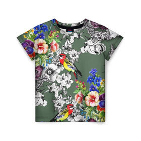 Детская футболка 3D с принтом Райский остров в Петрозаводске, 100% гипоаллергенный полиэфир | прямой крой, круглый вырез горловины, длина до линии бедер, чуть спущенное плечо, ткань немного тянется | арт | краска | попугаи | попугай | прикольные | рай | тропики | цветные | цветок | цветы