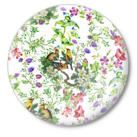 Значок с принтом Райский остров в Петрозаводске,  металл | круглая форма, металлическая застежка в виде булавки | Тематика изображения на принте: арт | краска | попугаи | попугай | прикольные | рай | тропики | цветные | цветок | цветы