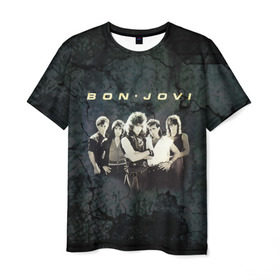 Мужская футболка 3D с принтом Группа Bon Jovi в Петрозаводске, 100% полиэфир | прямой крой, круглый вырез горловины, длина до линии бедер | Тематика изображения на принте: bon jovi | бон | бон джови | глэм | группа | джови | джон | рок | хард
