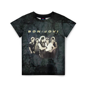 Детская футболка 3D с принтом Группа Bon Jovi в Петрозаводске, 100% гипоаллергенный полиэфир | прямой крой, круглый вырез горловины, длина до линии бедер, чуть спущенное плечо, ткань немного тянется | bon jovi | бон | бон джови | глэм | группа | джови | джон | рок | хард