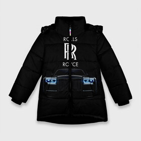 Зимняя куртка для девочек 3D с принтом Rolls Royce phantom в Петрозаводске, ткань верха — 100% полиэстер; подклад — 100% полиэстер, утеплитель — 100% полиэстер. | длина ниже бедра, удлиненная спинка, воротник стойка и отстегивающийся капюшон. Есть боковые карманы с листочкой на кнопках, утяжки по низу изделия и внутренний карман на молнии. 

Предусмотрены светоотражающий принт на спинке, радужный светоотражающий элемент на пуллере молнии и на резинке для утяжки. | luxury | phantom | rich | rolls royce | rr | авто | автомобили | бренд | известные | логотип | машина | надписи | огни | ролс ройс | роскошь | тень | фары | черный