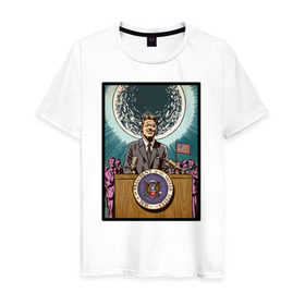 Мужская футболка хлопок с принтом Джон Кеннеди в Петрозаводске, 100% хлопок | прямой крой, круглый вырез горловины, длина до линии бедер, слегка спущенное плечо. | apollo | nasa | usa | аполлон | высадка на луну | космическая гонка | луна | лунная программа | наса | президент америки | сша