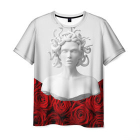 Мужская футболка 3D с принтом Унисекс / Snake roses girl в Петрозаводске, 100% полиэфир | прямой крой, круглый вырез горловины, длина до линии бедер | букет | веты | красный | лепестки | модные | полосы | природа | растения | розочки | розы | сад | тренды | цвет | черный