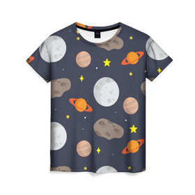 Женская футболка 3D с принтом Луна в Петрозаводске, 100% полиэфир ( синтетическое хлопкоподобное полотно) | прямой крой, круглый вырез горловины, длина до линии бедер | Тематика изображения на принте: астероид | луна | метеорит | планета | сатурн | юпитер