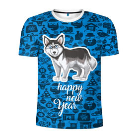 Мужская футболка 3D спортивная с принтом Хаски(новый год) в Петрозаводске, 100% полиэстер с улучшенными характеристиками | приталенный силуэт, круглая горловина, широкие плечи, сужается к линии бедра | christmas | new year | santa | год собаки | дед мороз | елка | елочки | новогодний | новый год | рождество | сантаклаус | снег | снежинки | собака