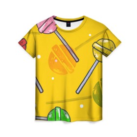 Женская футболка 3D с принтом Чупа-Чупс в Петрозаводске, 100% полиэфир ( синтетическое хлопкоподобное полотно) | прямой крой, круглый вырез горловины, длина до линии бедер | конфеты | леденец | паттерн | сладость | узор | чупа чупс