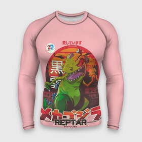 Мужской рашгард 3D с принтом Годзилла в Петрозаводске,  |  | lizard | raptor | reptar | t rex  dino | годзила | годзилла | динозавр | иероглифы | монстр | япония | ящер