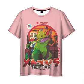 Мужская футболка 3D с принтом Годзилла в Петрозаводске, 100% полиэфир | прямой крой, круглый вырез горловины, длина до линии бедер | Тематика изображения на принте: lizard | raptor | reptar | t rex  dino | годзила | годзилла | динозавр | иероглифы | монстр | япония | ящер