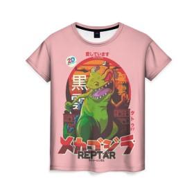 Женская футболка 3D с принтом Годзилла в Петрозаводске, 100% полиэфир ( синтетическое хлопкоподобное полотно) | прямой крой, круглый вырез горловины, длина до линии бедер | lizard | raptor | reptar | t rex  dino | годзила | годзилла | динозавр | иероглифы | монстр | япония | ящер