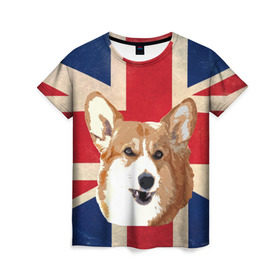 Женская футболка 3D с принтом Королевский корги в Петрозаводске, 100% полиэфир ( синтетическое хлопкоподобное полотно) | прямой крой, круглый вырез горловины, длина до линии бедер | англия | великобритания | вельш корги | корги | корги пемброк | королева | пемброк | собака | флаг