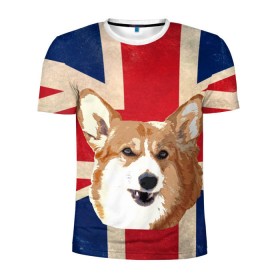 Мужская футболка 3D спортивная с принтом Королевский корги в Петрозаводске, 100% полиэстер с улучшенными характеристиками | приталенный силуэт, круглая горловина, широкие плечи, сужается к линии бедра | англия | великобритания | вельш корги | корги | корги пемброк | королева | пемброк | собака | флаг